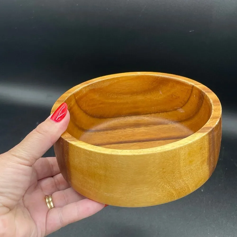 Vintage Hand Turned Solid Acacia Wood Salad Serving Bowl Mid Century Modern